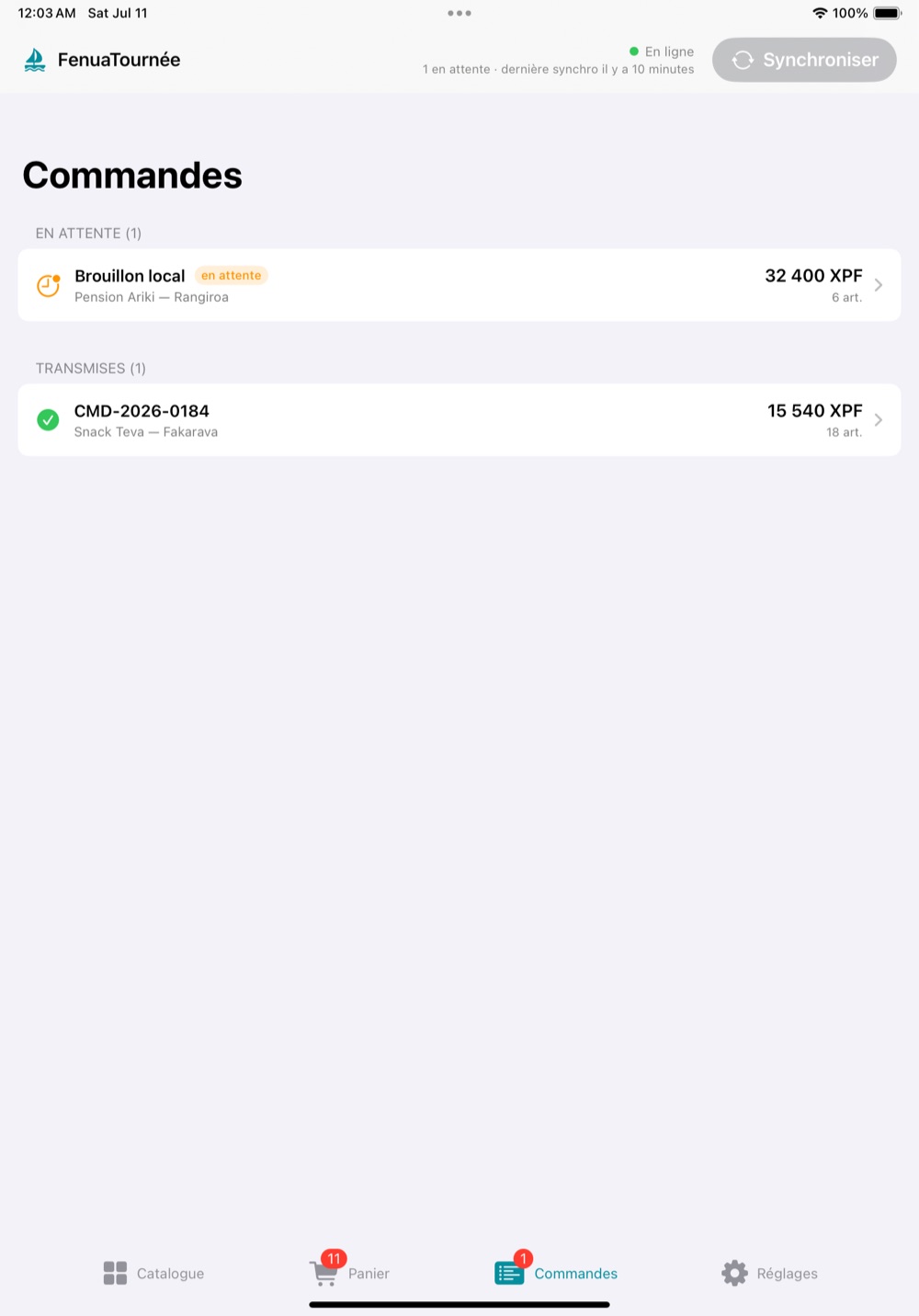 Capture d'écran de caissefacture — FenuaTournée sur iPad — écran 3
